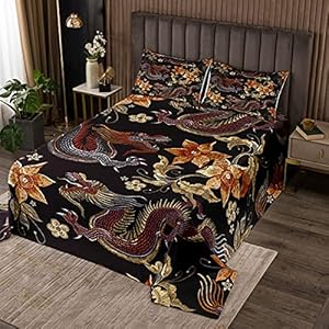 Loussiesd Jungen Drache Tagesdecke 170x210cm Golden Exotisch Blumen Steppdecke für Kinder Chinesisches Erbe Historisches Ostmotiv Bettüberwurf Zinnober Schwarz Schlafzimmer Kollektion 2St