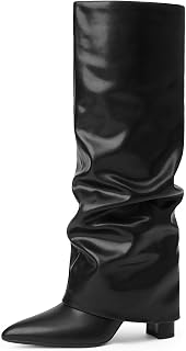 Modatope Women's Fold Over Knee High Boots - 3.5" Chunky Heel, Pointed Toe, Wide Calf Side Zipper Tall Boots