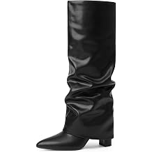 Knee High Boots Women Fold Over Boots Chunky Heel Pointed Toe Tall Boots