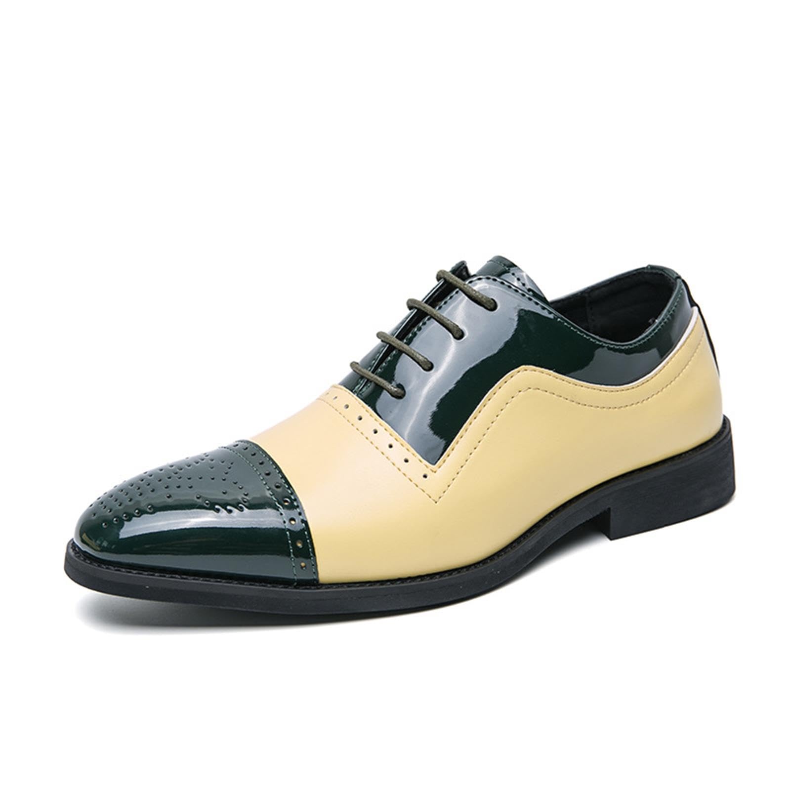 Scarpe Oxford da Uomo Bicolore Verde Scuro e Crema, Pelle Verniciata, Dettagli Brogue, Stringate Classiche per Matrimonio, Cerimonia