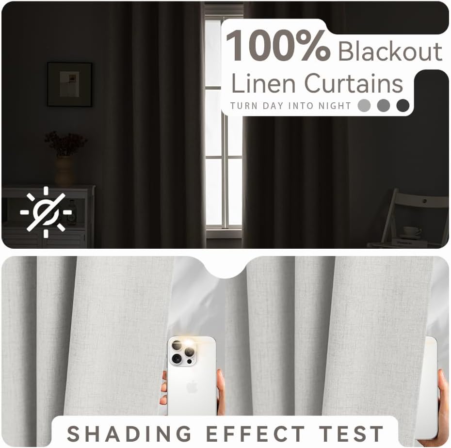 PFAS Free Ivory Linen Curtains 84 inch Length 2 Panels Set 100% Blackout Long Drapes for Bedroom Living Room Blackout Darkening Curtain Thermal Insulated (52x84 inch,Ivory)