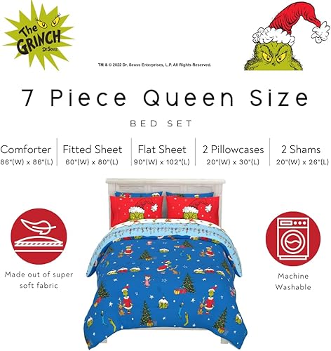 Miniatura 3 de Franco Grinch by Dr. Seuss Juego de edredón y sábanas para Navidad y festividades supersuaves con funda de almohada, para niños, 7 piezas, tamaño
