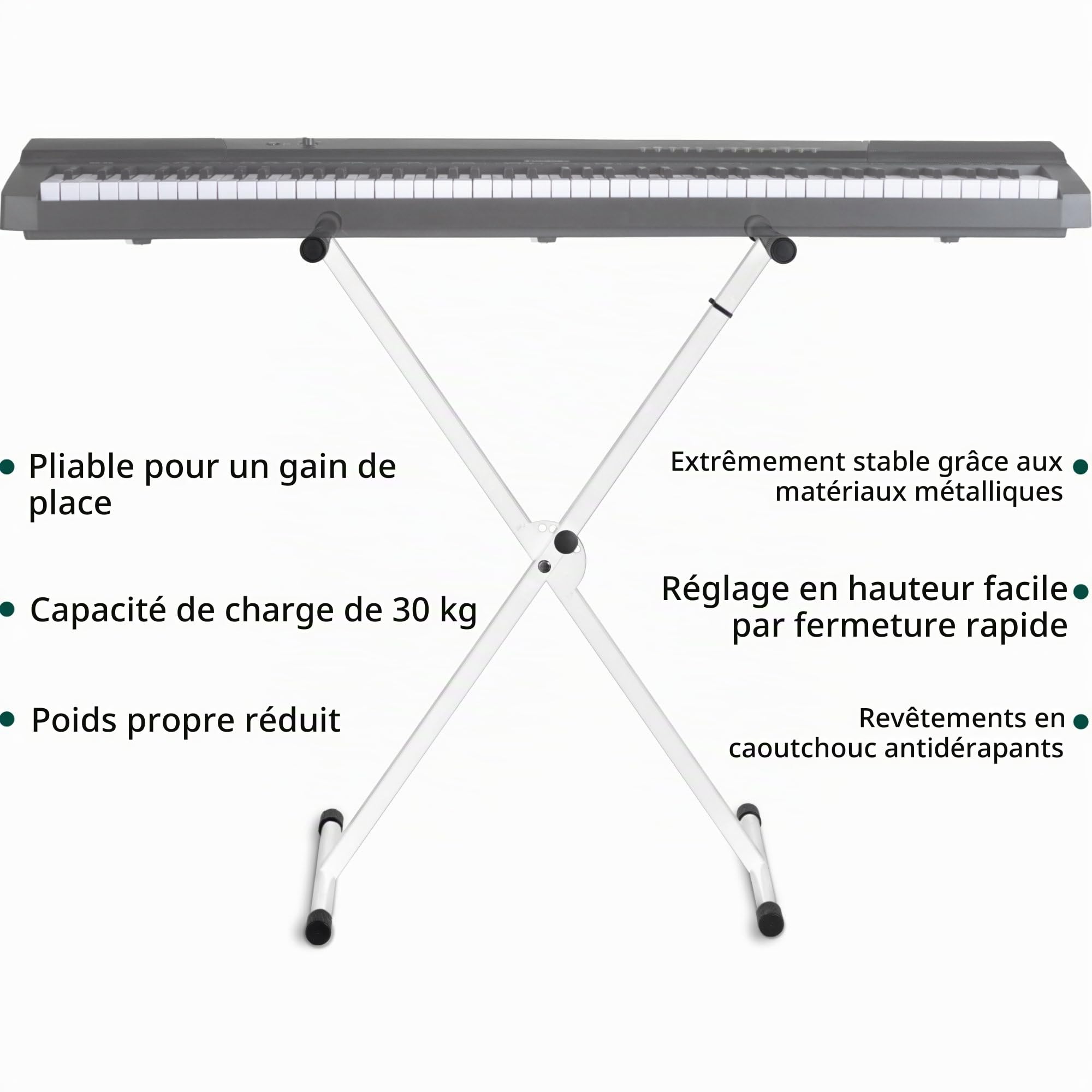 Classic Cantabile Support Clavier X Réglable En Hauteur Blanc, 5 cm | Réglable en hauteur sur 5 positions, Fermeture rapide fiable, Revêtement en poudre blanc, Réglage en hauteur de 62 à 100 cm