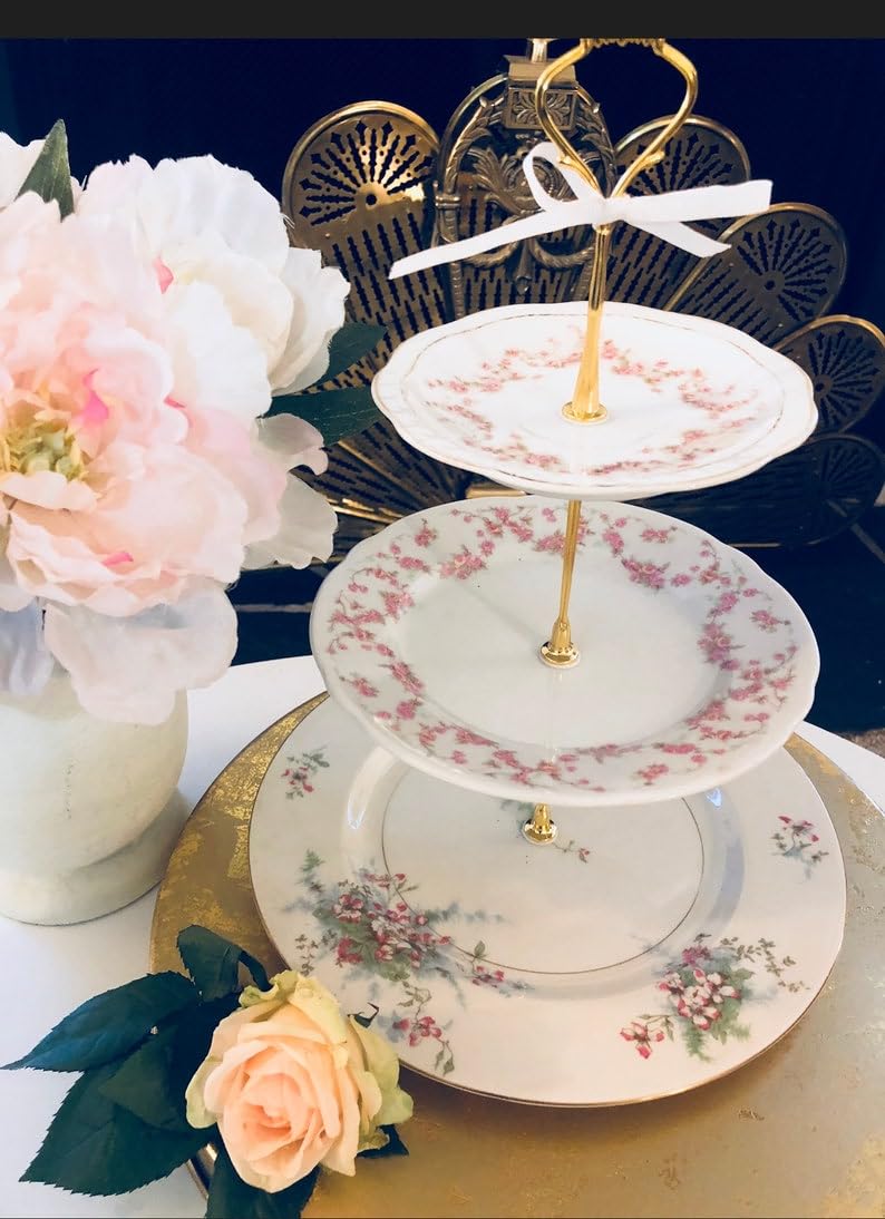 Soporte para Tarta de Boda, Bandeja de 3 Niveles, Plato con diseño de Flores, decoración para Mesa de postres, Boda Rosa (Bavaria MixMatched 1) ()