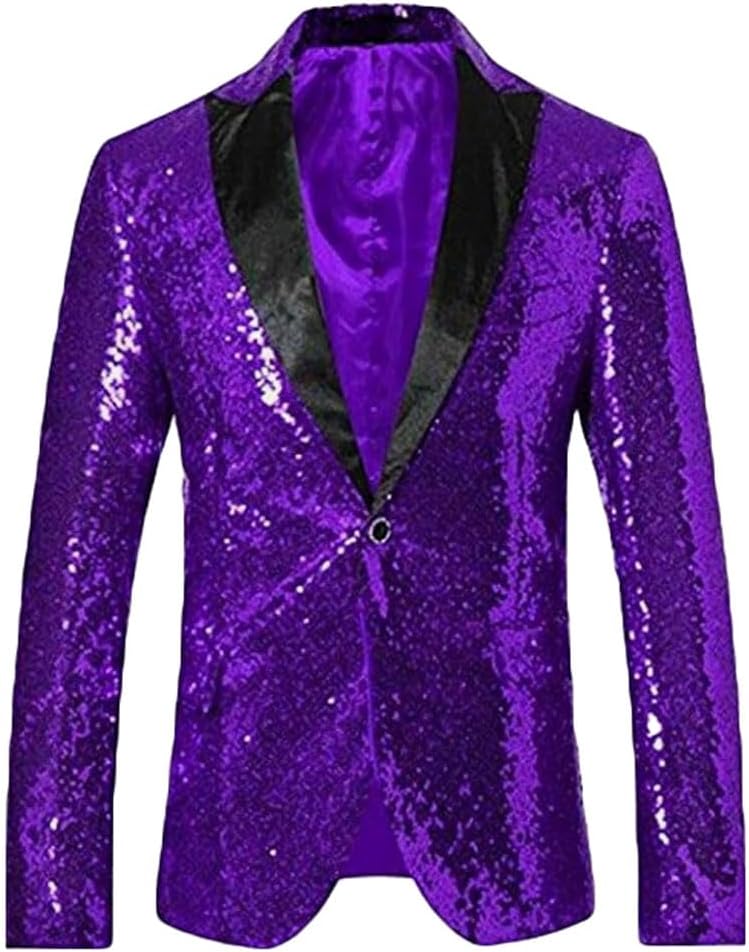 Men's Purple Sequined Nightclub Tuxedo One Button Blazer Jacket Wedding Coat Purple 50 Chest / 44 Waist