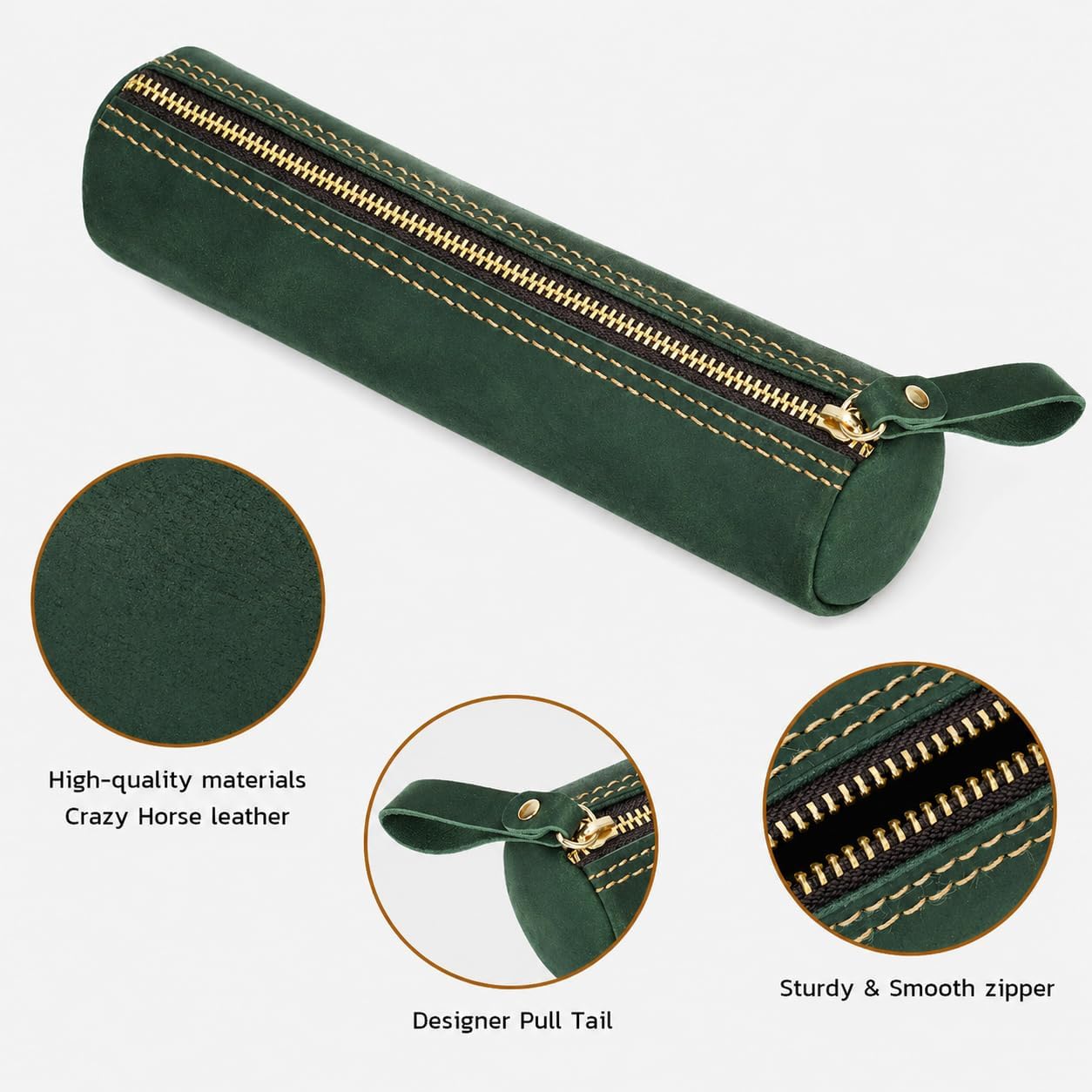 ECHSRT Vintage Leather Pencil Case for Men & Women | Classic Cylinder Pen Holder | Genuine Crazy Horse Leather Pouch | Full-Grain Cowhide Organizer for Work, College, Travel (Green)