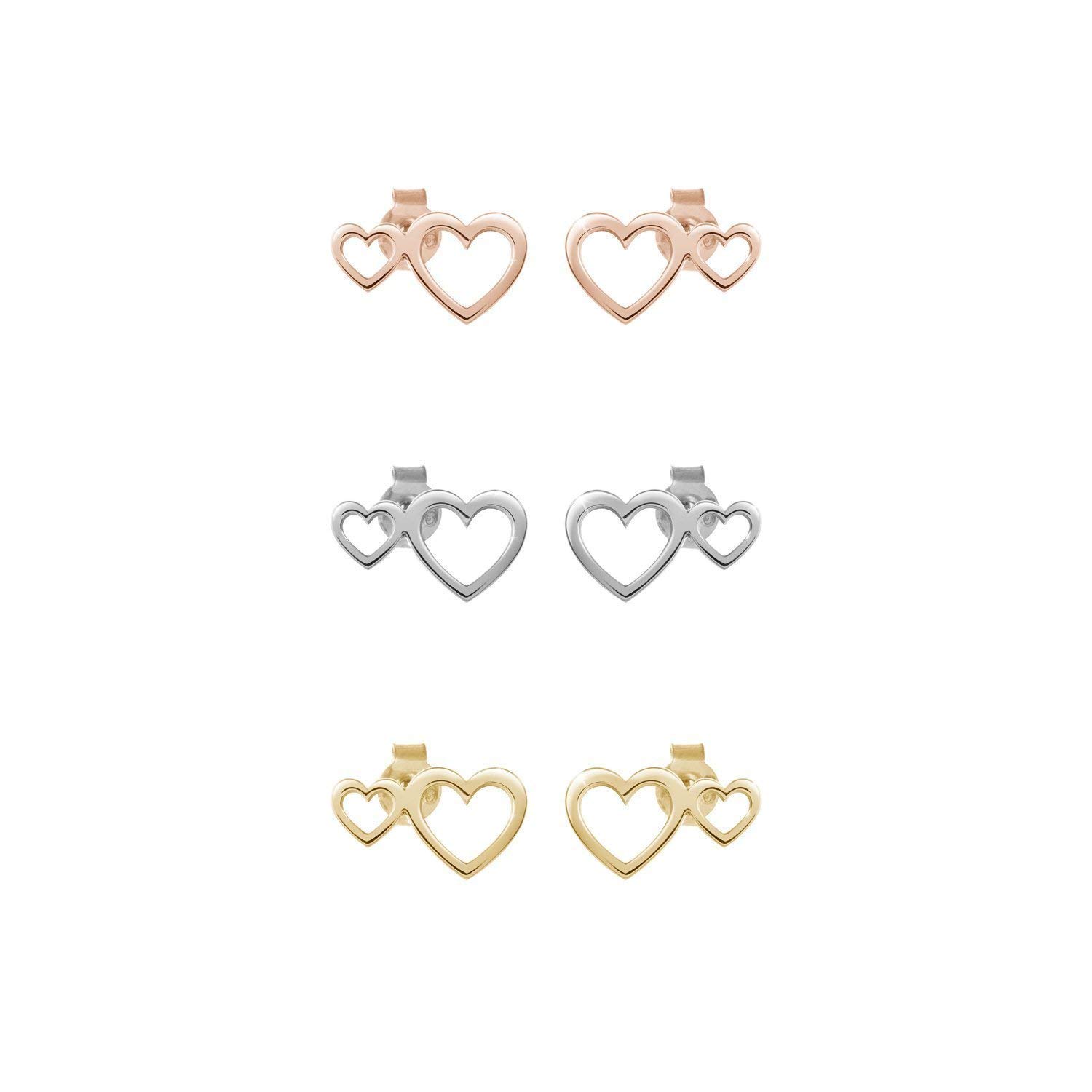 Double Heart Earrings, 9K 14K 18K Gold 