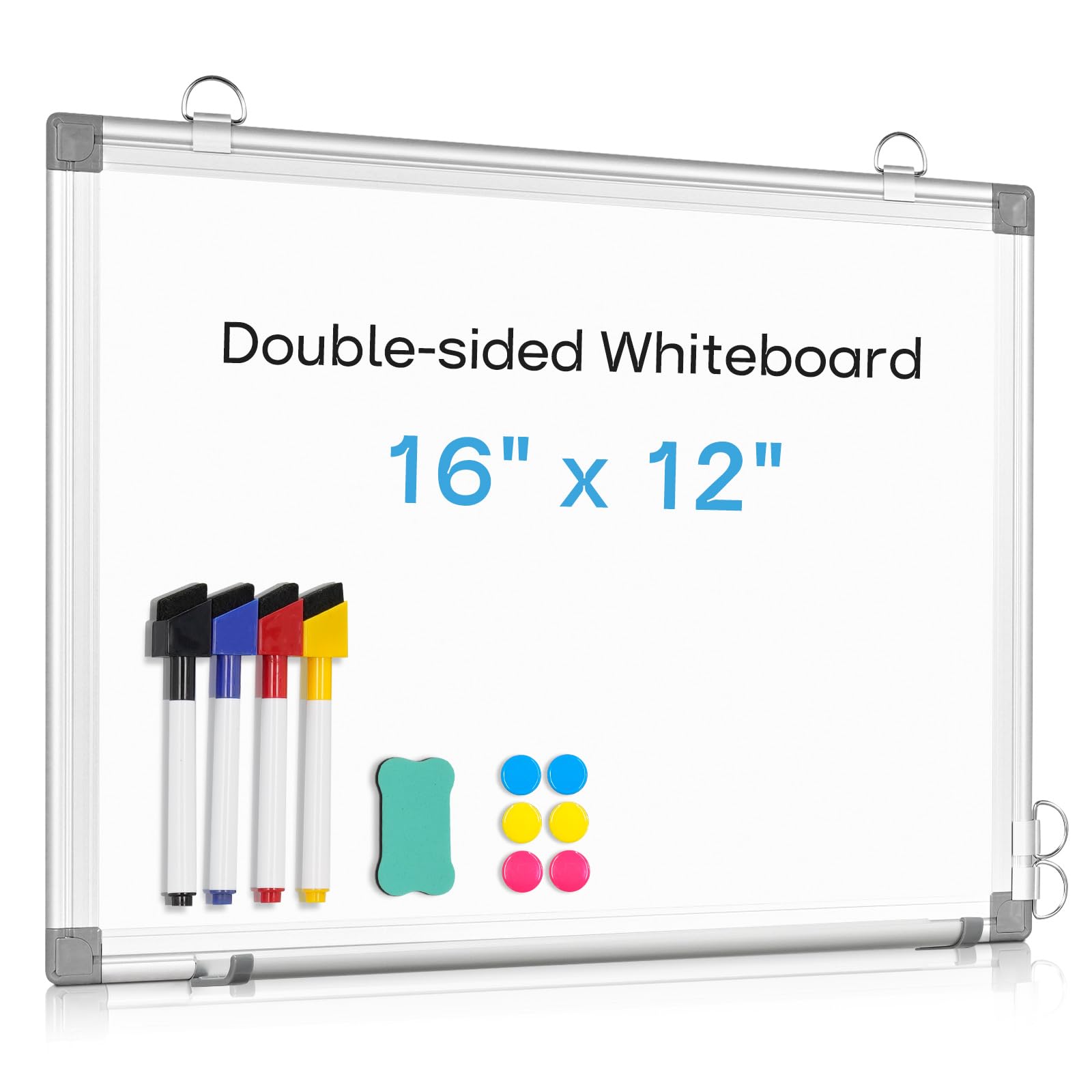 AMUSIGHT Dry Erase Board White Board, 16'' x 12'' Double-Sided Magnetic Whiteboard for Wall, Hanging Mounted Whiteboard Silver Aluminium Frame for