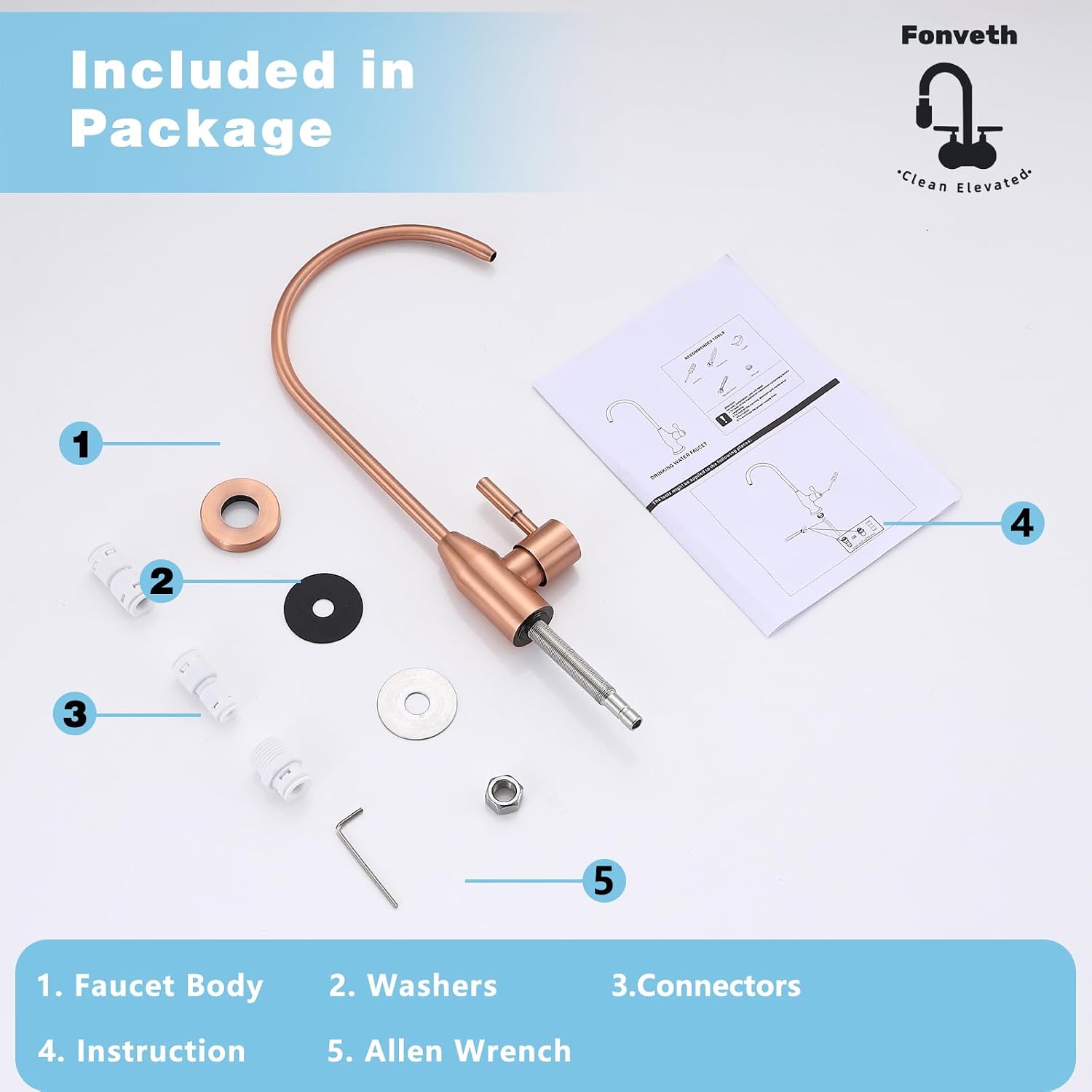 Drinking Water Faucet, Copper Rose Gold RO Faucet for Under Sink Water Filter System Reverse Osmosis Non-Air Gap for Kitchen