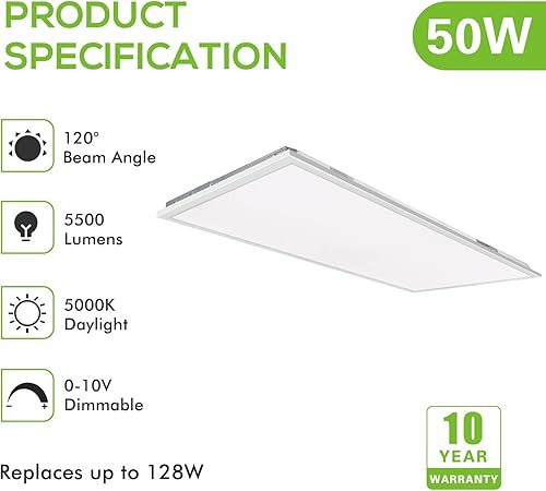 Miniatura 2 de WEIZE (6 Pack 2x4 FT LED Flat Panel Troffer Light, 304050W 3-Wattage Selectable, 5000K Recessed Back-Lit Drop Ceiling Light, 0-10V Dimmable Lay in