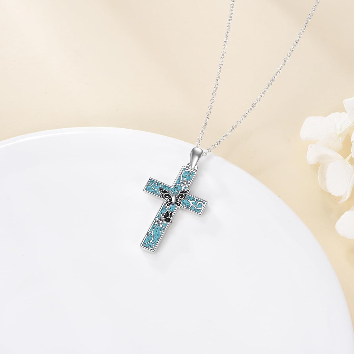 Turquoise Cross Necklace S925 Sterling Silver Butterfly/Hummingbird/Mountain/Geometric Cross Pendant Necklaces Christian Jewelry for Women Female Religion Gift - Image 2