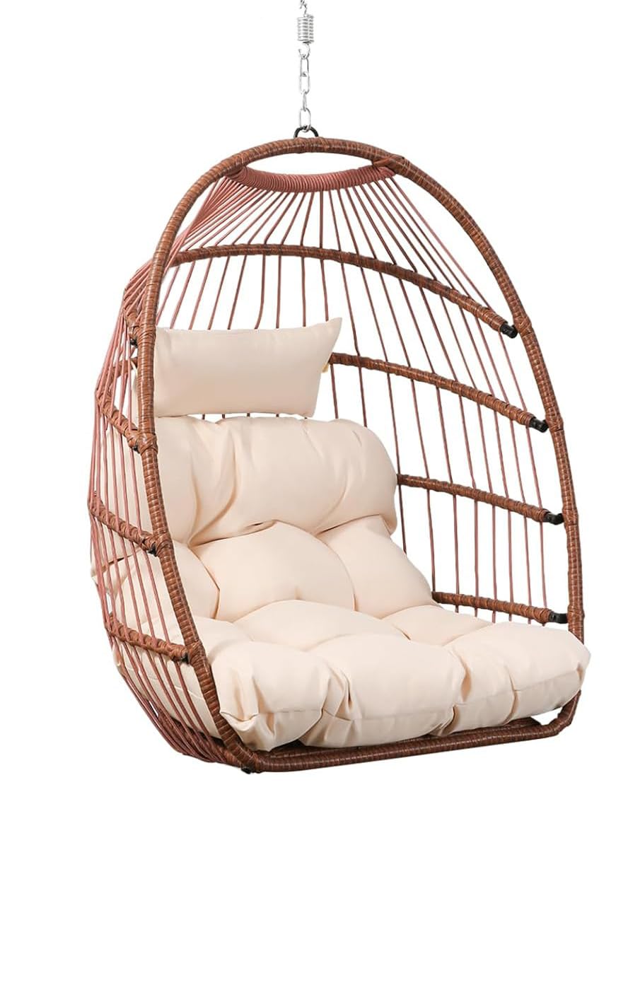 Goutime Silla Colgante de Huevo con cojín Resistente a los Rayos UV, Silla oscilante Plegable con Capacidad de 204KG para Interiores y Exteriores, jardín, Patio Trasero (Marrón Rojizo sin Soporte) | Silla oscilante plegable con forma de huevo, cojín inclu