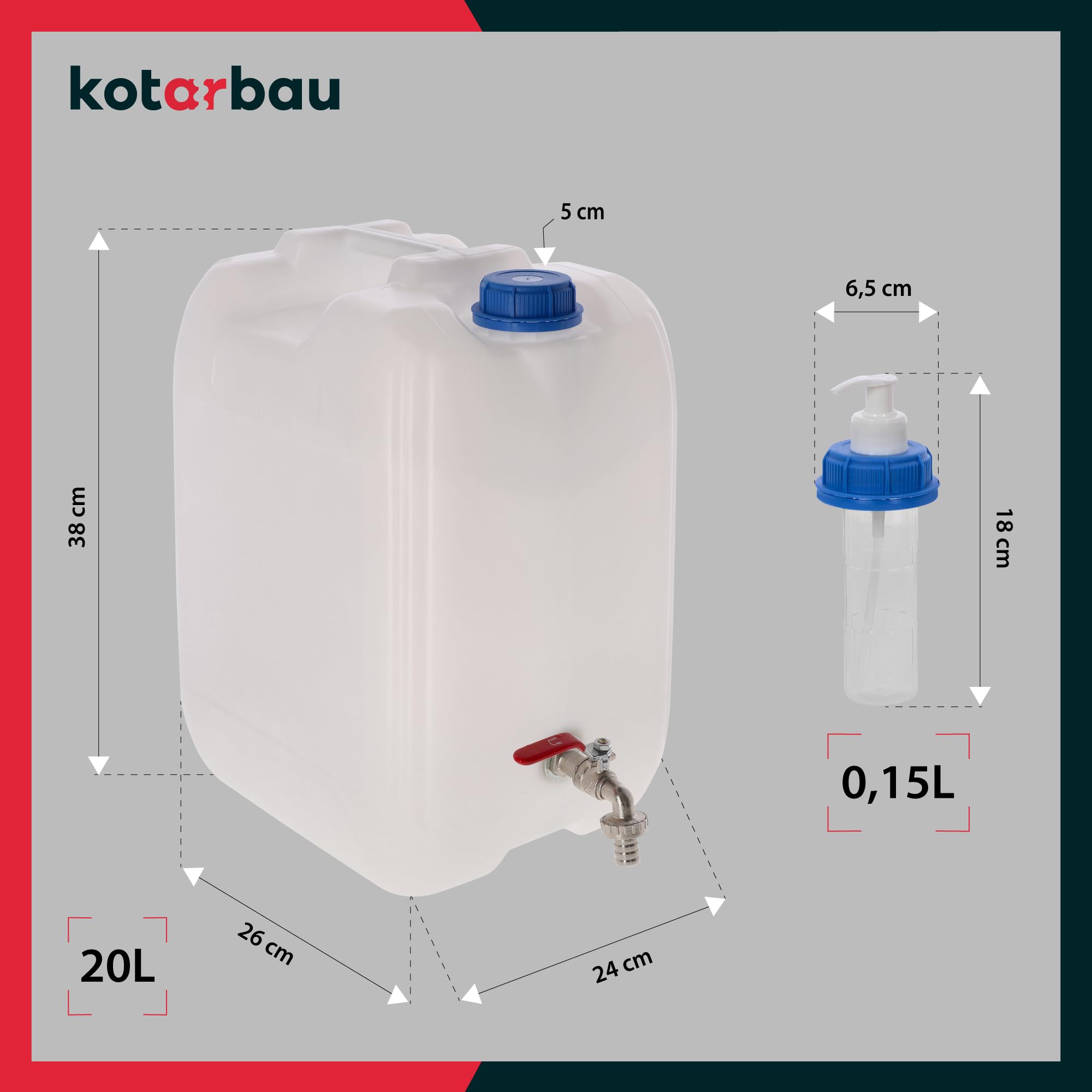 KOTARBAU® Tanica per acqua con rubinetto, 20 l, con dispenser di sapone, serbatoio per acqua potabile, tanica per acqua potabile, contenitore per acqua da campeggio, cantiere