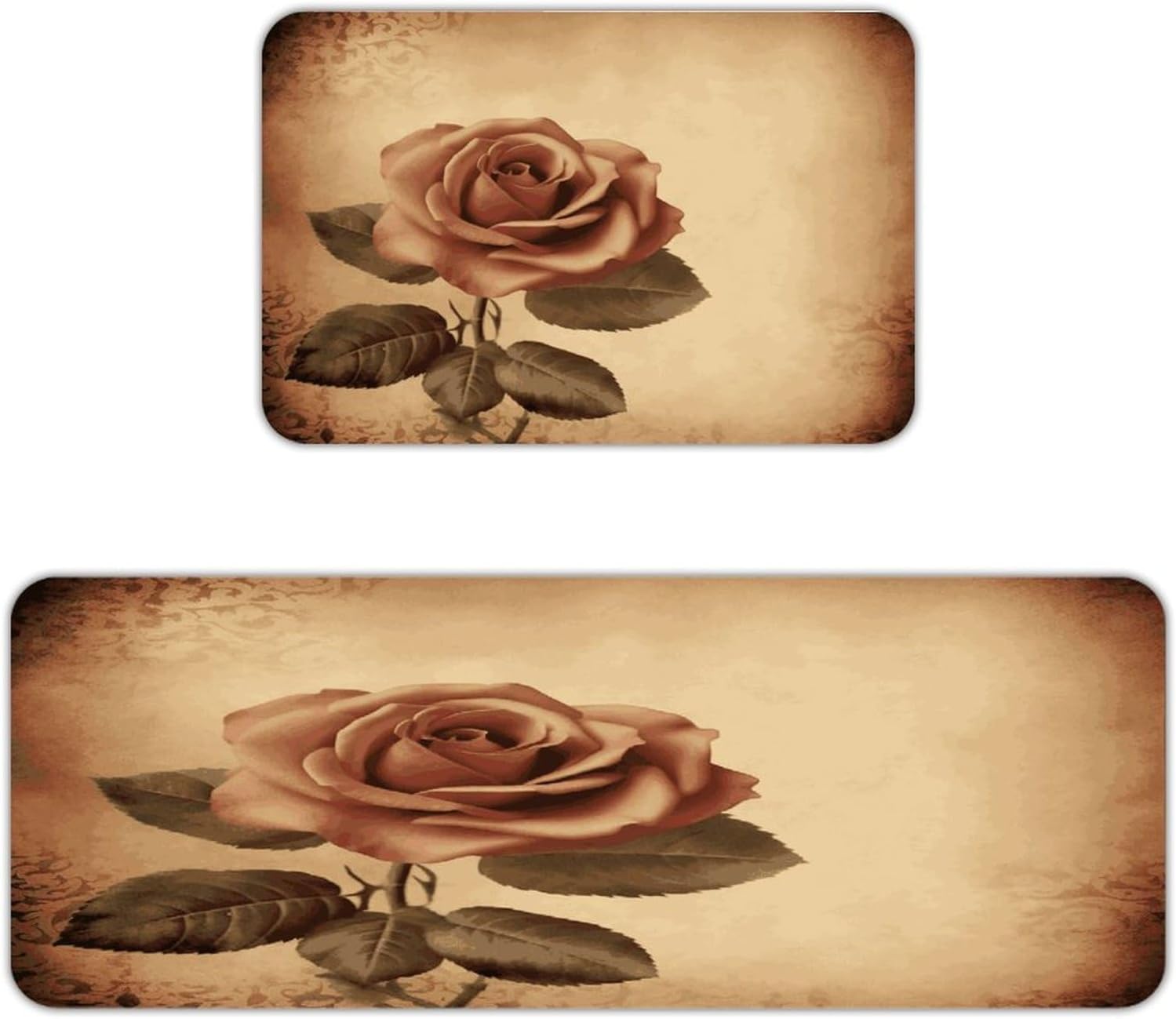 Vintage Rose Kitchen Mat Set of 2 Ergonomic Comfort Velvet Rugs Cushioned Anti-Fatigue Non-Slip Standing Mats Thick Kitchen Floor Mat Carpet Runner Rugs 16"×24"+17"×47"