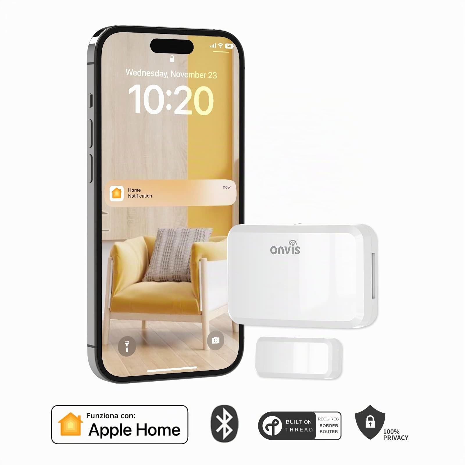 Onvis Sensore per Porte e Finestre Thread/Bluetooth, Door Window Sensor, notifiche (chiuso, aperto), Apple HomeKit Rilevatore Wireless per la sicurezza domestica e Domotica Intelligente(2 Pack)