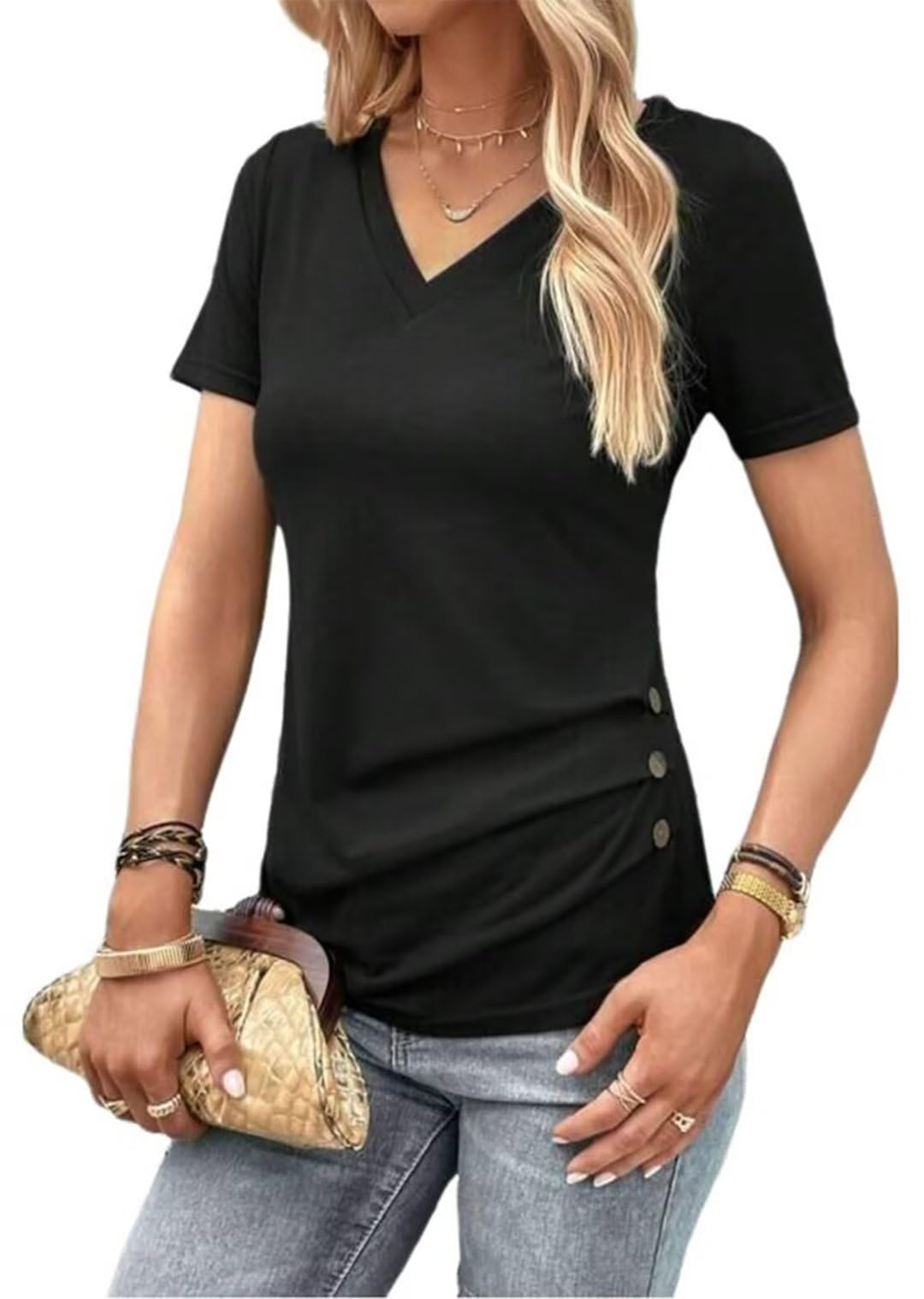 VKEGNIOGradient V-Neck Shirts Women Buttons Decor Ruched Tee Top Summer Casual Dressy Loose T-Shirt Country Concert Party Shirt