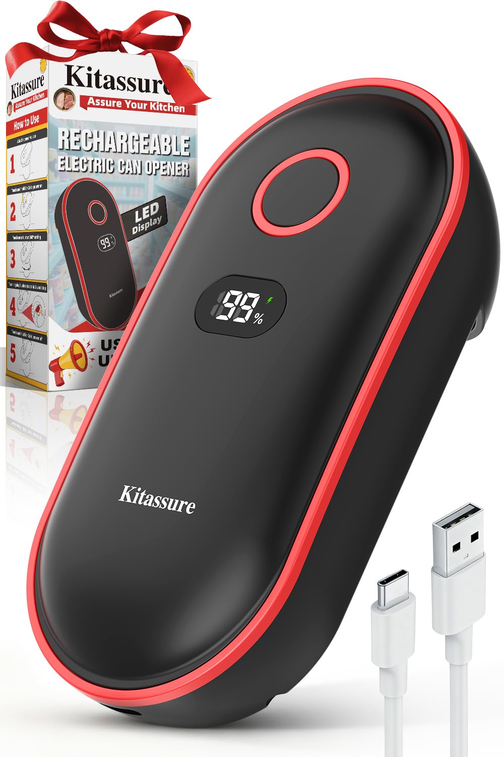 Handsfree One-Touch Rechargeable Electric Can Opener Easy Flex Side Cut All Can Sizes with LED Display and Smooth Edge Safety for Arthritis & Seniors, Automatic Cordless Kitchen Gadget Gift