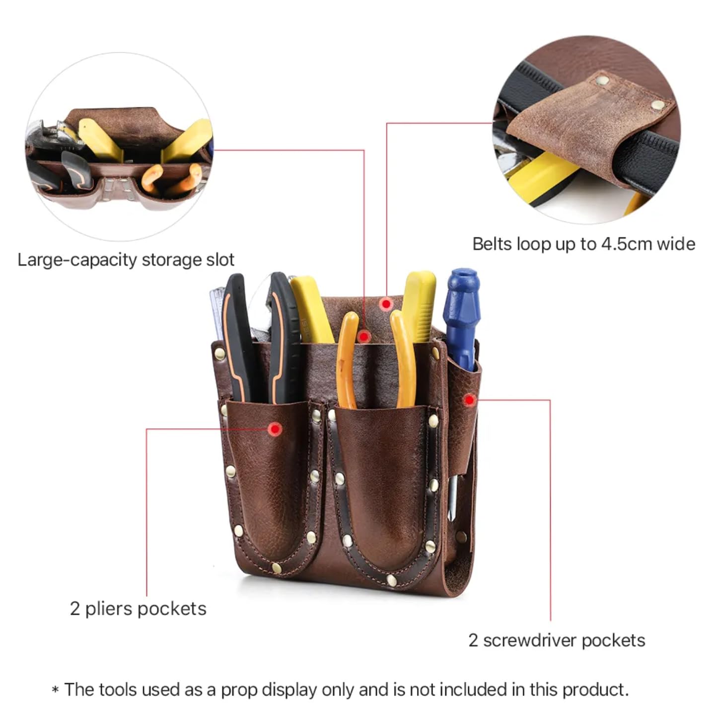 DICASTONE Vintage Leather Tool Holder, Brown Genuine Leather Organizer Pouch with Rivets, Professional Multi-Pocket Storage Holster for Screwdrivers and Hand Tools 3