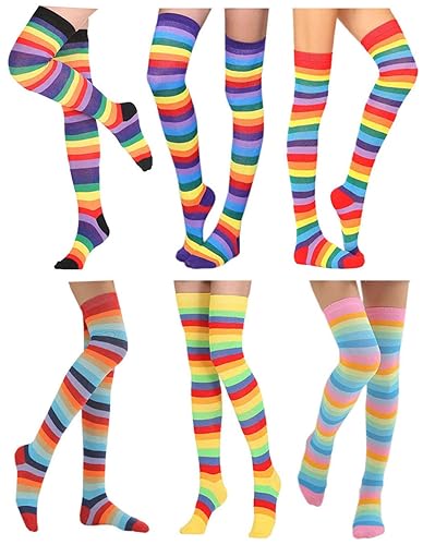 Coolwife 6 Pairs Over Knee High Socks Rainbow Stripes Halloween Christmas Thigh High Stockings - One Size - Lengthen Rainbow