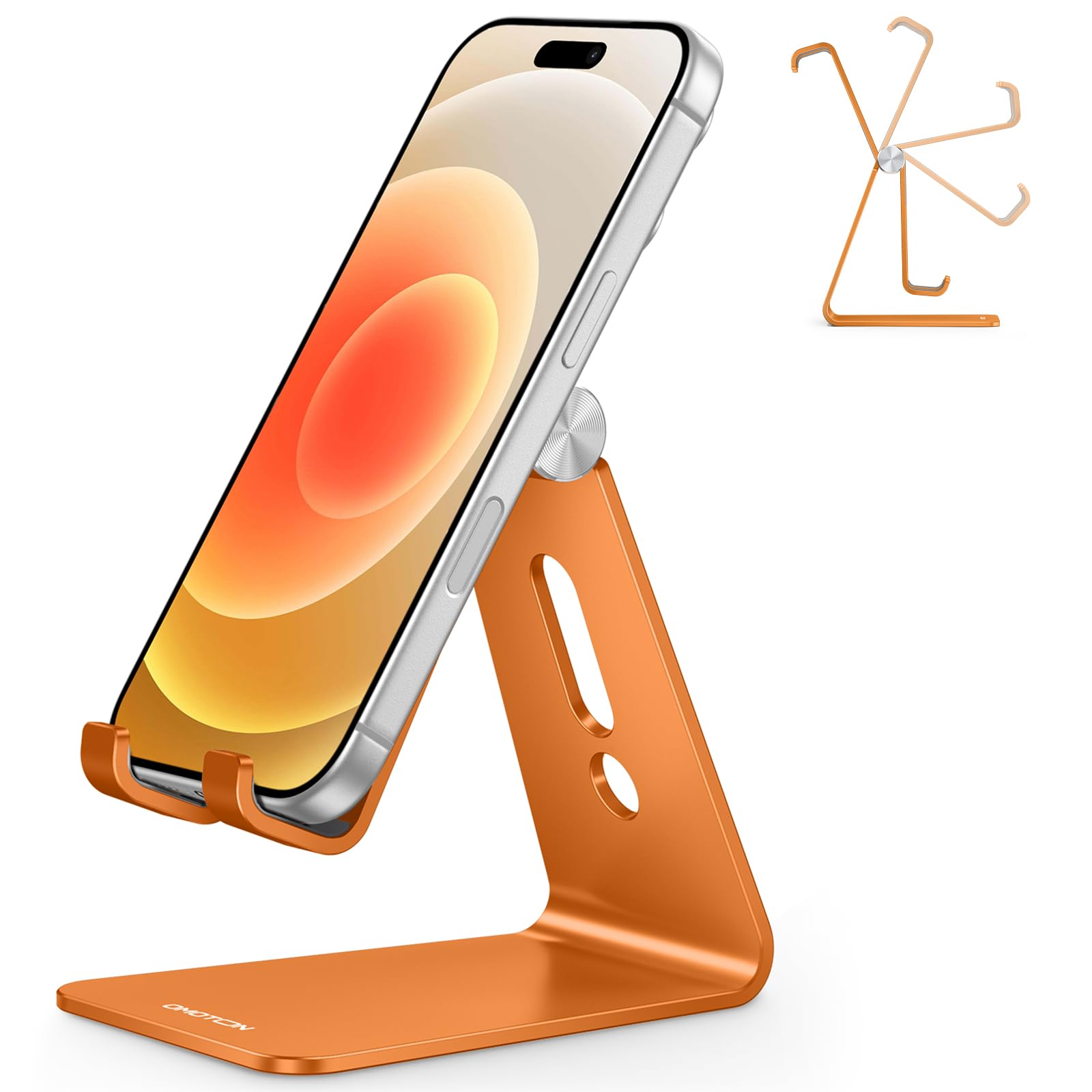 OMOTON Aluminium Handy Ständer, Multi-Winkel Verstellbarer Handy Halter Büro, Handyhalterung für Schreibtisch, kompatibel mit iPhone 17/16/15/14 Pro Max Air, Orange