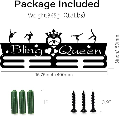 Miniatura 3 de SUPERDANT Soporte para medallas de gimnasia, exhibidor de medallas motivadoras con palabras brillantes, Queen, ganchos de hierro negro para montar
