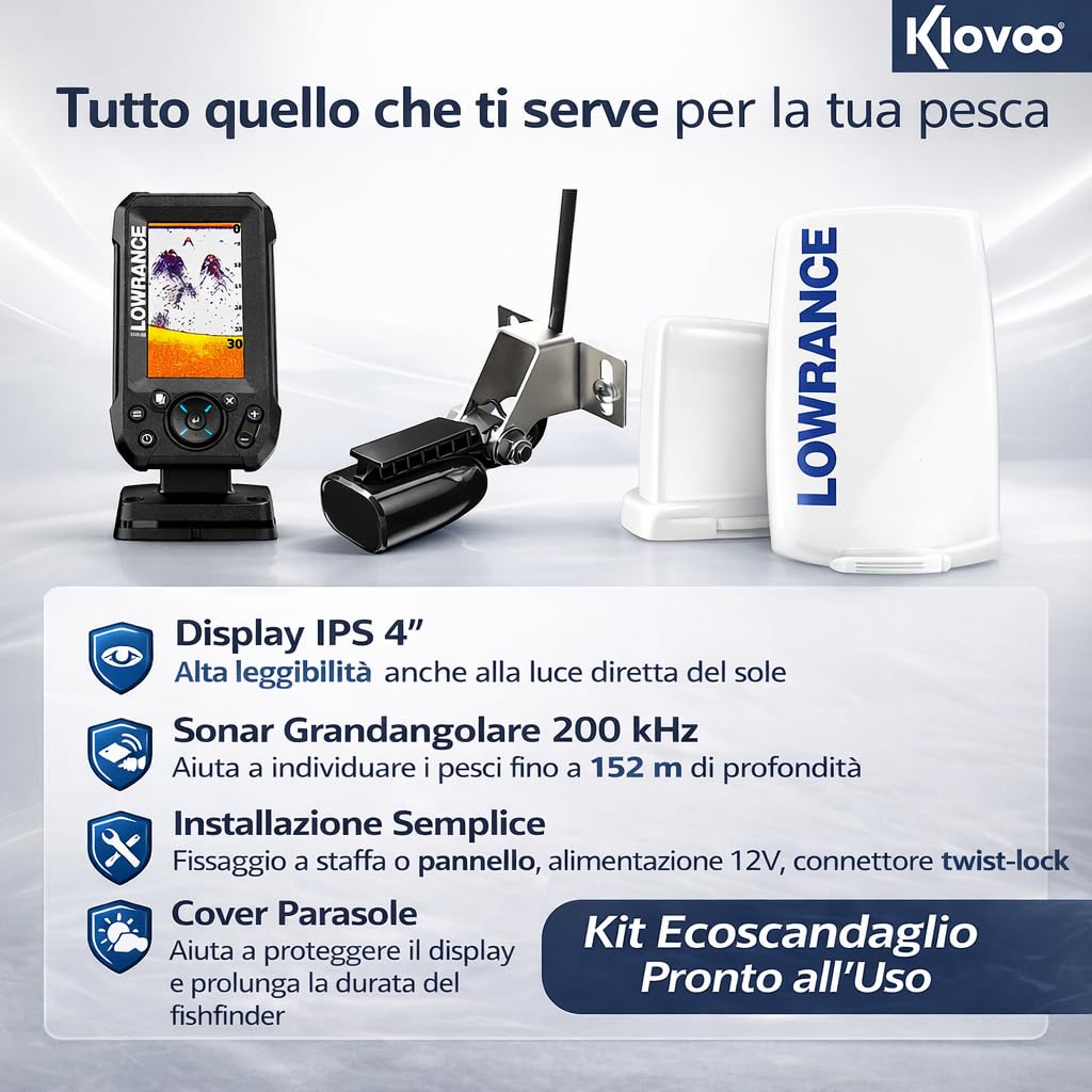Kit Ecoscandaglio con Lowrance Eagle 4x e Trasduttore Bullet Skimmer, Display IPS 4", Sonar Grandangolare 200 kHz, Cover Parasole Inclusa, 12V, IPX7