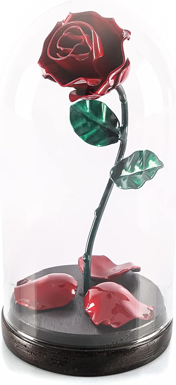 Forging Art Bcn® Hand Forged Eternal Rose in Beauty and the Beast Glass Dome - Gift for Mother's Day, Valentine's Day, 6th Year Wedding Anniversary (Red/Green)