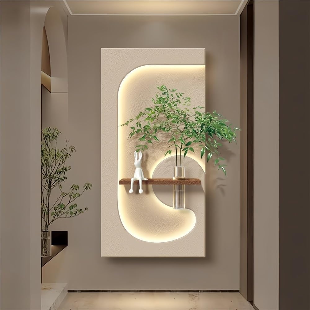 3D Vision Wall Art Decor with Led Light, Creative Sandstone Painting with Vase and Artificial Plant, Plug-in Power Supply 3D Wall Mural for Home, Restaurant, Hotel (No...