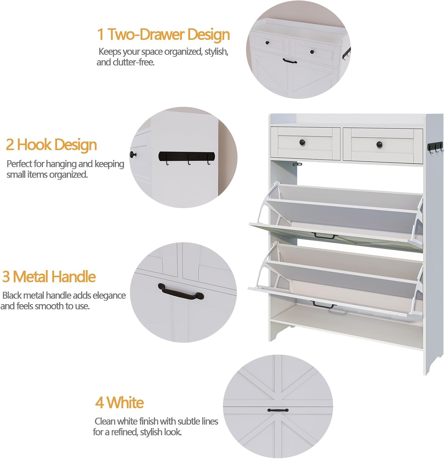Viaozutis Shoe Cabinet with 2 Flip Drawers & 2 Storage Drawers, Space-Saving Shoe Storage Cabinet with Adjustable Shelf for Entryway or Hallway, Farmhouse Shoe Organizer Holds Up to 20 Pairs White