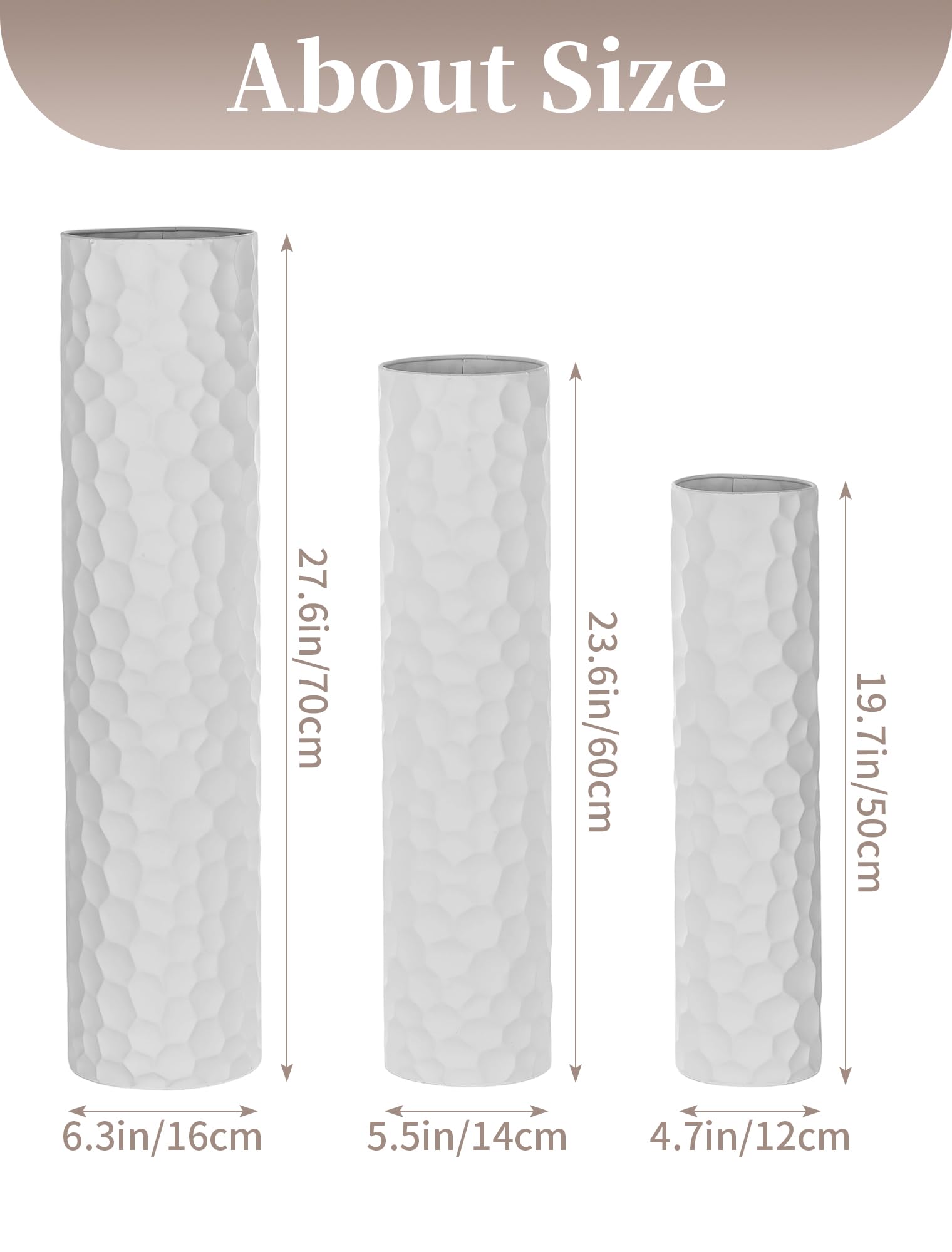 Sziqiqi Vaso da Terra Alto Bianco: Vasi Alti Extra Grandi Per Soggiorno 70/60/50 cm - Metallo Vaso da Pavimento Giganti Alti Set di 3 per Camera da Letto Ufficio Corridoio