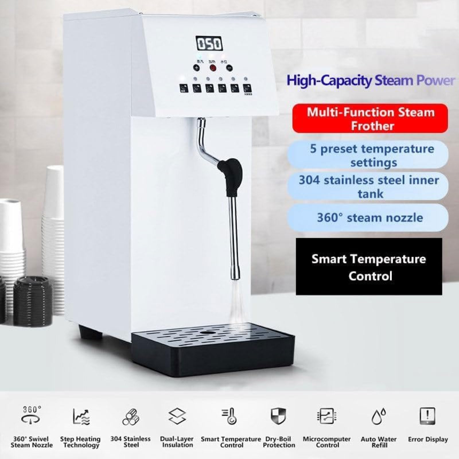 Elektryczny parowar do mleka ze stali nierdzewnej 2500 W, komercyjny spieniacz do mleka z obrotową dyszą parową o 360° i 5 ustawieniami pamięci temperatury, do kawiarni i deserów