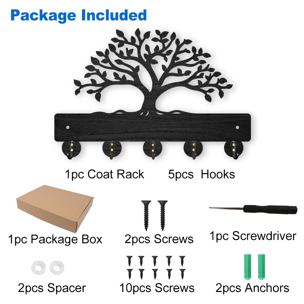 MAYJOYDIY Tree of Life Coat Rack Wall Mount 30×20cm Lush Tree Key Holder for Wall Decorative Wood Black Key Rack Hanger 5 Alloy Hooks for Wall Art Decor Entryway Front Door Gift - Image 3