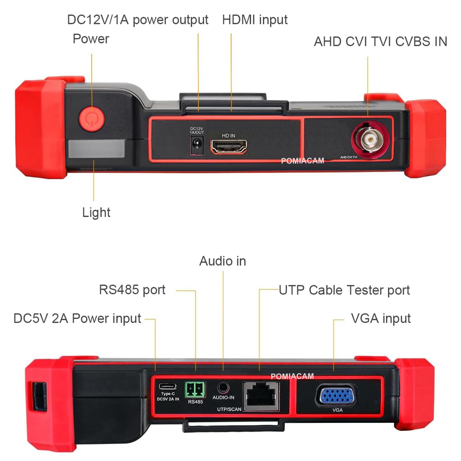 Tester per telecamera CCTV HD-2950, 8MP TVI CVI AHD CVBS Tester per fotocamera analogica da 5 pollici TFT-LCD Test cavo UTP Ingresso HDMI e VGA RS485 PTZ Control Audio Test 12V Potenza di uscita
