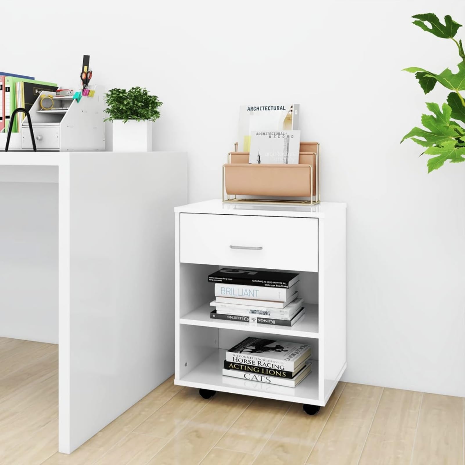 Mobiletto con Ruote Bianco Lucido 46x36x59 cm Legno Multistrato,Mobiletto con Rotelle,Armadi Archivio,Mobiletto Basso,Mobiletto-808473