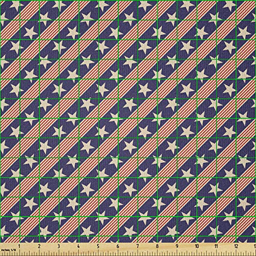 Image of Ambesonne Prehistoric Country Fabric by The Yard, Patriotic Star Pattern in Diagonal Stripes National Theme Print, Stretch Knit Fabric for Clothing Sewing and Arts Crafts, 1 Yard, Navy Coral Cream