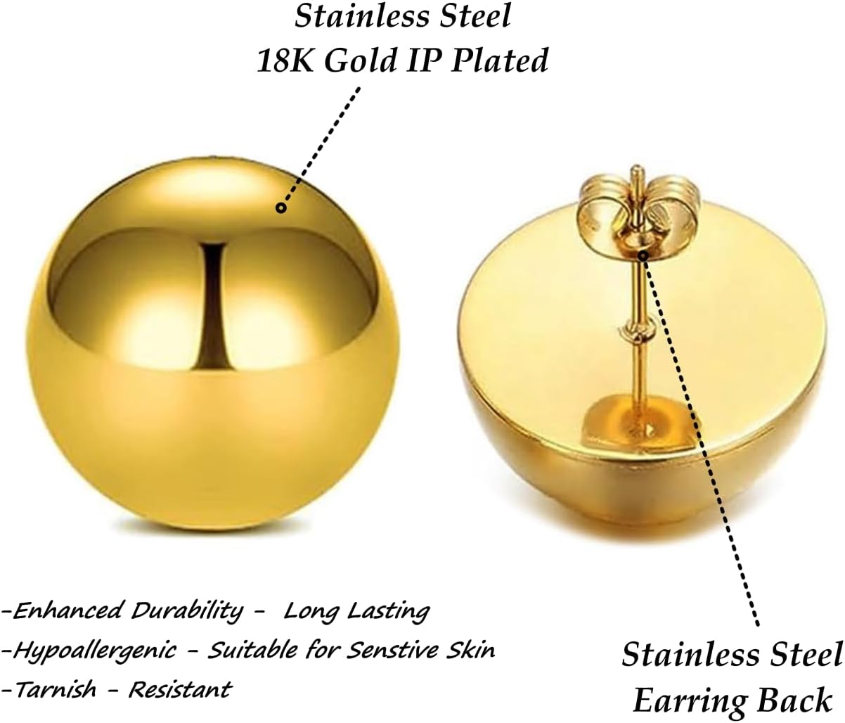 Stainless Steel Gold Button Earrings for Women – Half Ball Round Dome Studs – High Polished 10mm-24mm – Ideal Gift for Women