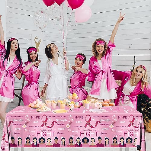 Image of Breast Cancer Table Cloth,3 Pcs Pink Ribbon Awareness Plastic Tablecloths Hope Courage Brave Table Cover for Women Girls Breast Cancer Party Supplies