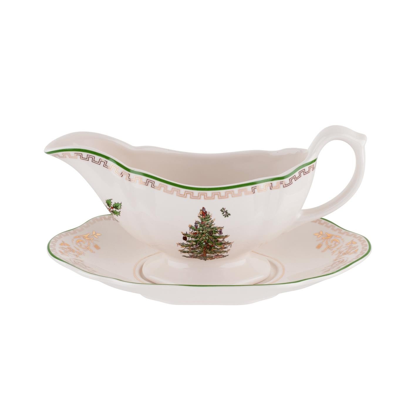 Spode Christmas Tree Gold 10 Oz Gravy Boat and Stand - Elegant Christmas Porcelain Sauce Boat, 22K Gold Accents, Luxurious Holiday Serveware for Gravy, Sauces, Festive Gatherings, Dishwasher Safe