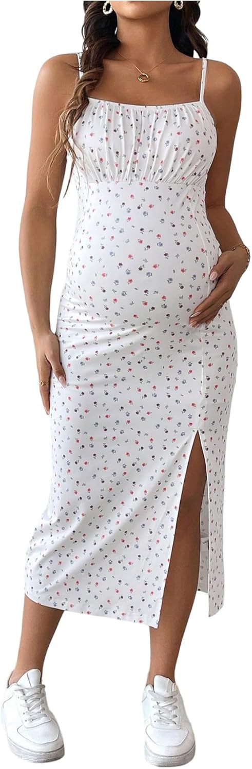 OYOANGLE Women's Maternity Ditsy Floral Print Midi Cami Dress Ruched Split Thigh Pregnancy Dresses