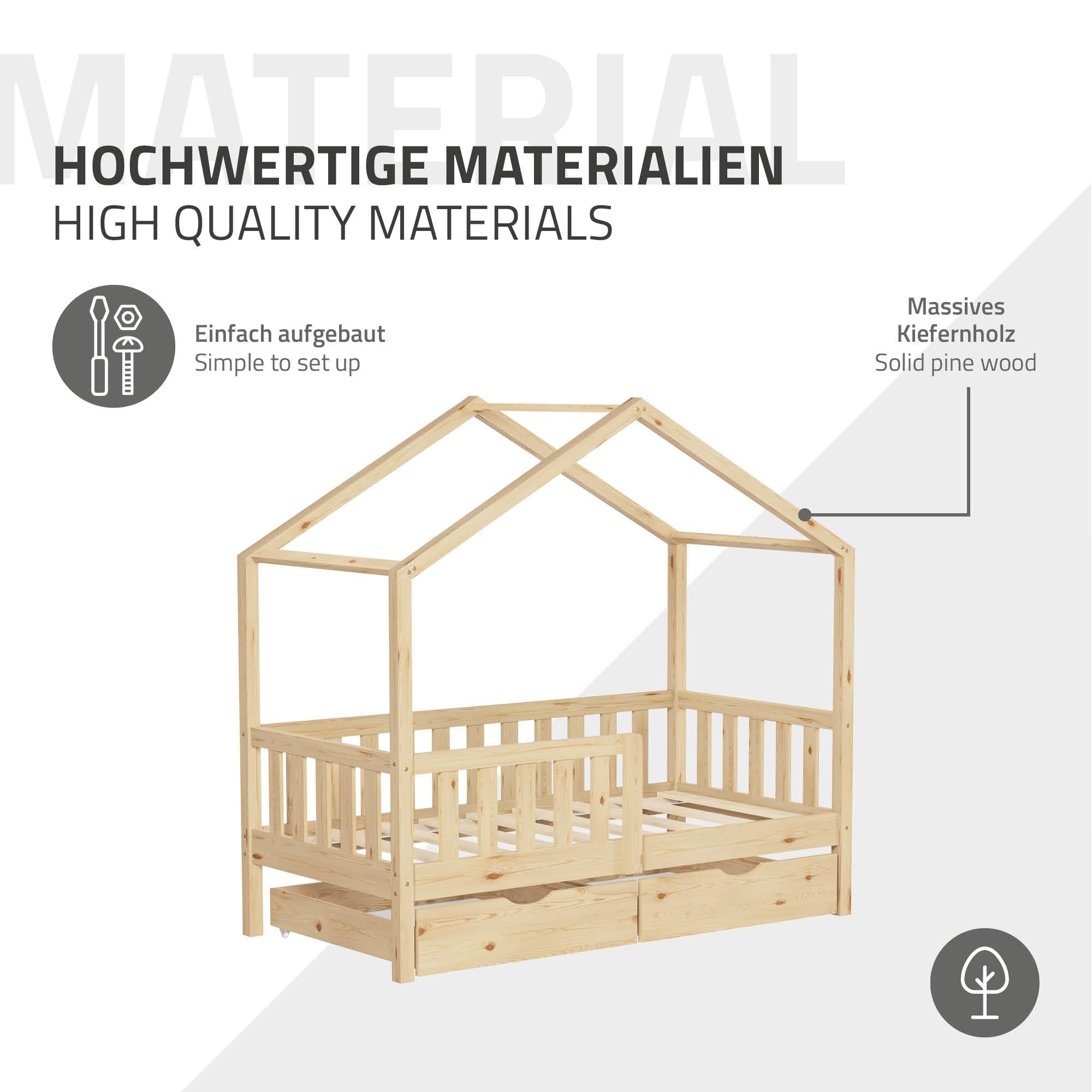 ML-Design Letto a Casetta per Bambini 70x140 cm in Legno di Pino Naturale con Materasso, Sponde di Sicurezza e 2 Cassetti Contenitore, Lettino Montessori a Pavimento, Giroletto Cameretta