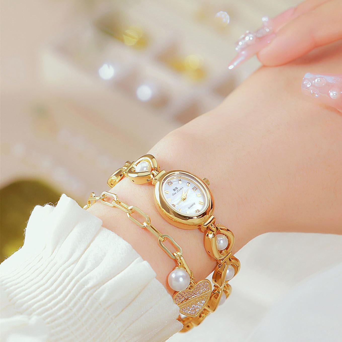 MASTOP Vintage Watches for Women Pearl Oval Dial Dress Watch Elegant Women's Watch Dainty Ladies Bracelet Waterproof Analog Casual Watch - Image 3