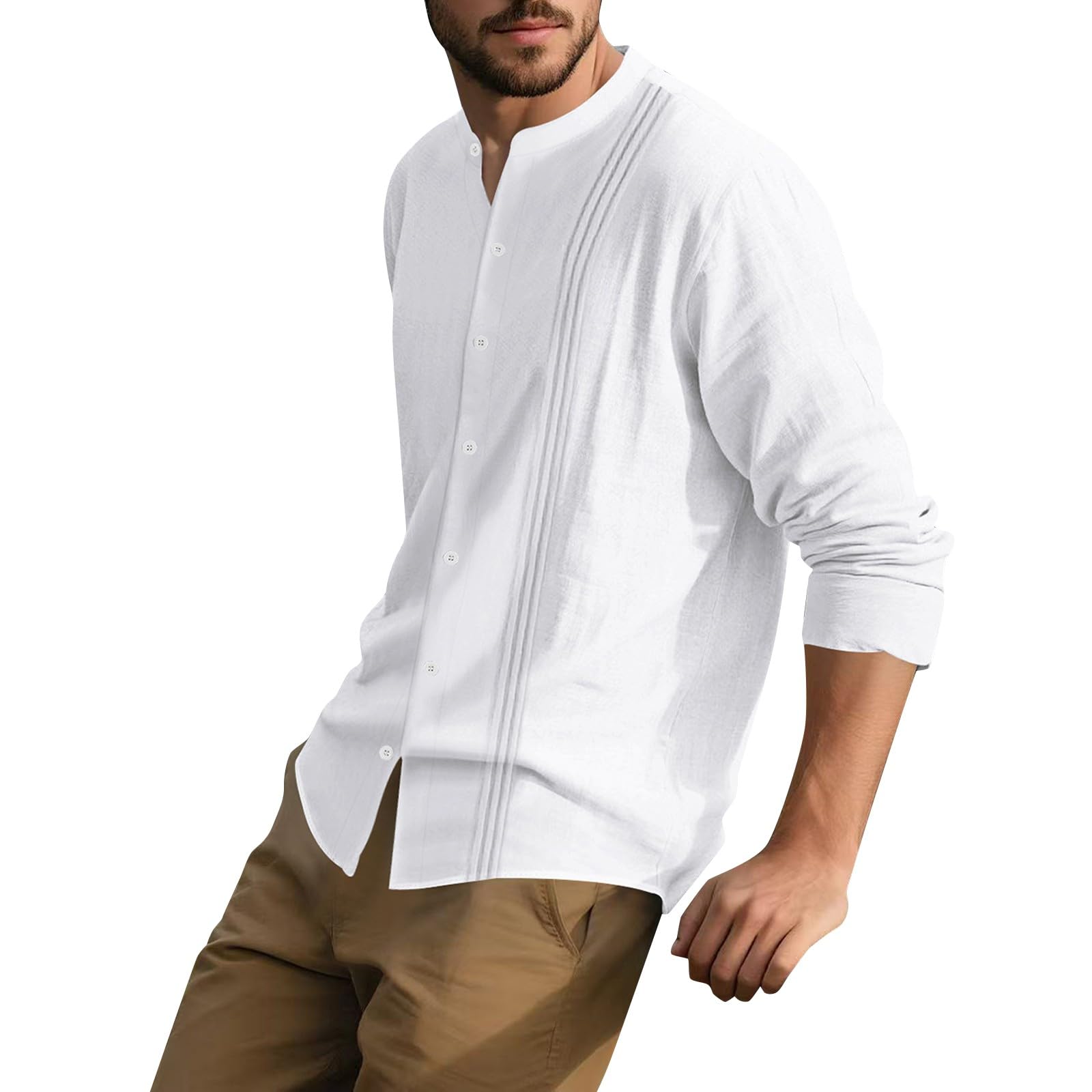 Mens Cotton Linen Dress Shirts Fashion Lightweight Band Collar Business Casual Blouses Long Sleeve Button Down Tops