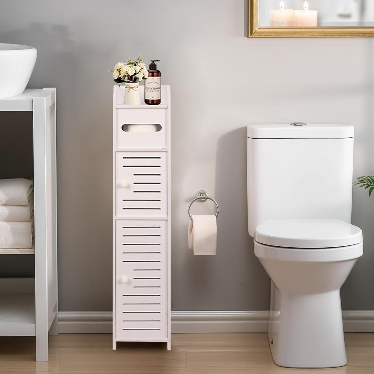 powerking Stojak na papier toaletowy, mała szafka łazienkowa z drzwiami i półkami, wąska szafka do przechowywania do łazienki, małych przestrzeni, narożna podłoga, biały
