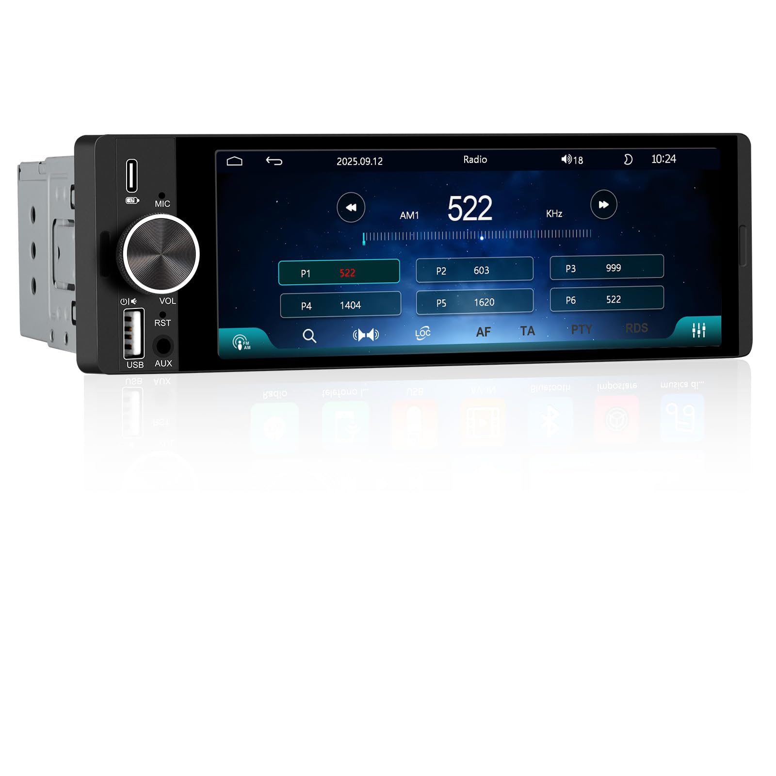 1 DIN Universales Autoradio, Carplay, Android Auto, Online-Navigation | 6,36 Zoll Touchscreen, RDS, Typ-C-Anschluss, USB-Anschluss, Bluetooth, Rückfahrkamera