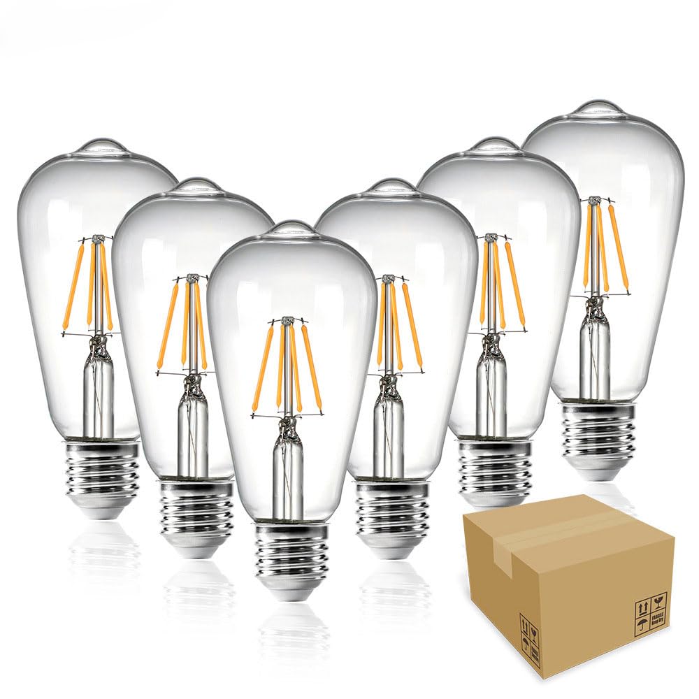 Bombilla, Paquete de 6 Bombillas Vintage ST64 con Casquillo E27 Edison, 4W Equivalente a 40W, Bombilla LED de filamento, sin Parpadeo, Bombillas Edison Regulables para lá