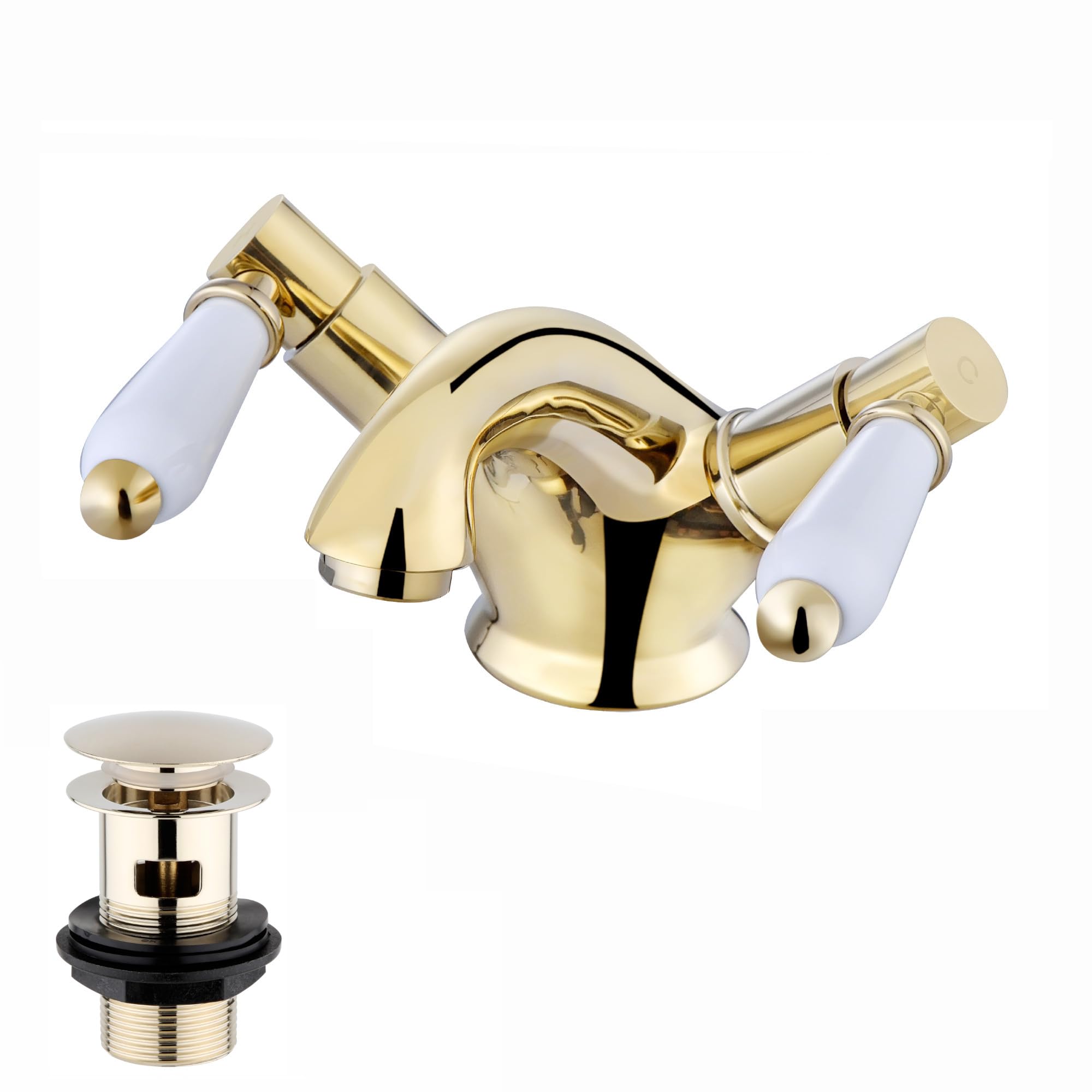 Enki Gold Downton, Bbt0237 Basin Mixer Tap With White Ceramic Levers Slotted Waste English