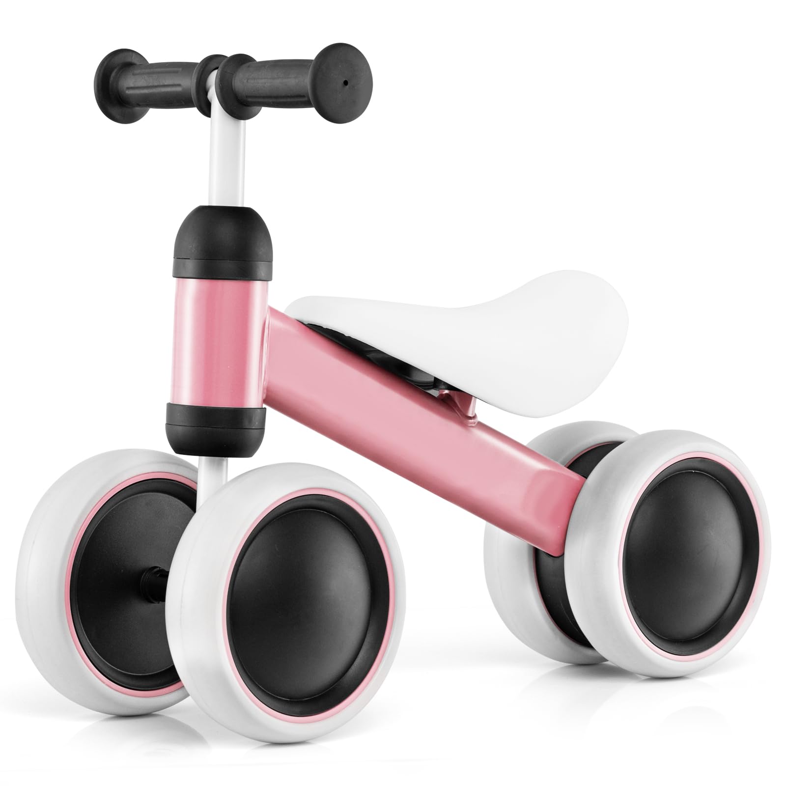 COSTWAY Baby Balance Bike, No Pedal 4 Wheels Toddler Ride On Toys with Soft Seat, Kids First Bikes for 2+ Years Old Boys Girls (Pink)