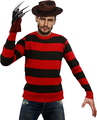 Miniatura 7 de 4 piezas de disfraz de Halloween para hombre con máscara, suéter a rayas rojas y verdes, juego de gorro, guante de terror, accesorios de cosplay de