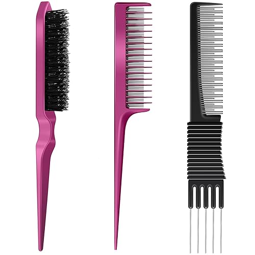 Juego de 3 cepillos de pelo con peine de púa de burlas que incluye elevación de carbono negro con punta de metal, peine de cola de rata de triple