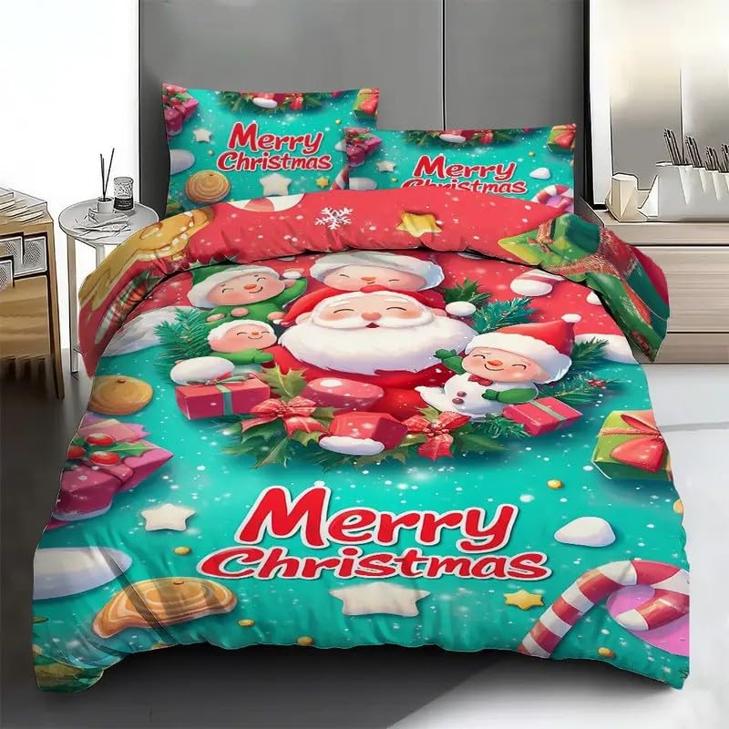 Housse de couette 200x200 Noël en microfibre 3D à fermeture éclair avec 2 taies d'oreiller 65x65